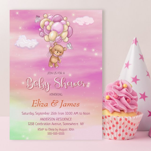 Invitación Baby Shower rosa con globo de oseo de Teddy (Subido por el creador)