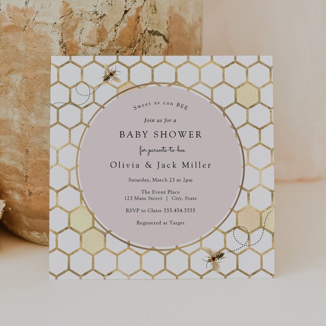 Invitación Baby Shower rosa de abeja dorada (Subido por el creador)