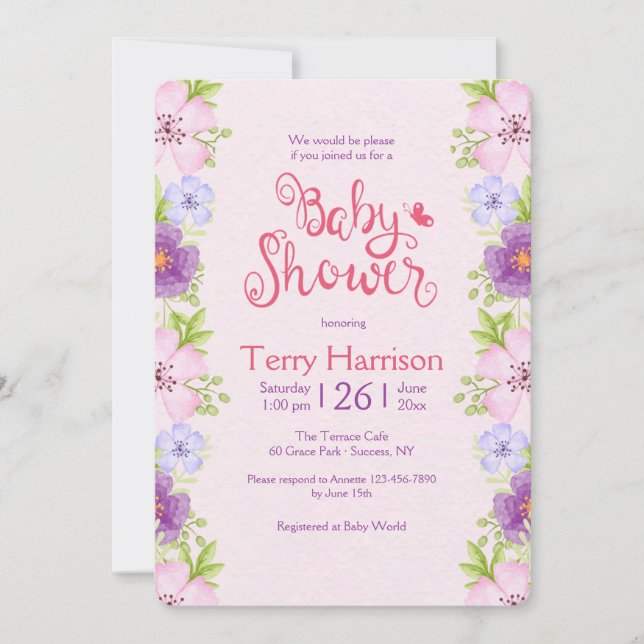 Invitación Baby Shower rosa de borde de flores (Anverso)