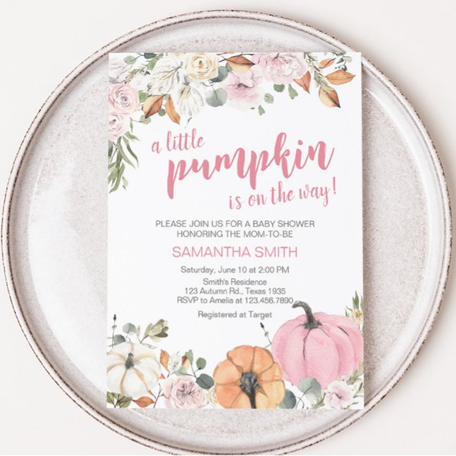 Invitación Baby Shower rosa de calabaza pequeña (Pink Little Pumpkin Baby Shower Invitation )