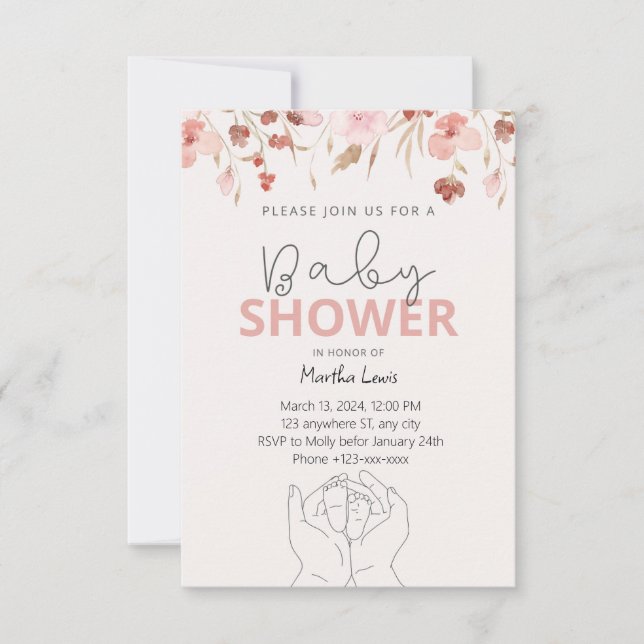 Invitación Baby Shower rosa de color agua (Anverso)