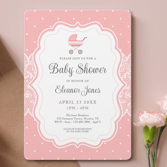 Invitación Baby Shower rosa de color blanco (Baby shower invitation with rounded corners)