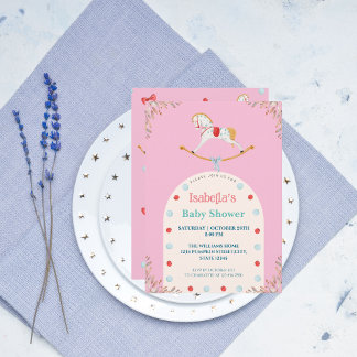 Invitación Baby Shower rosa de color de agua para caballo de