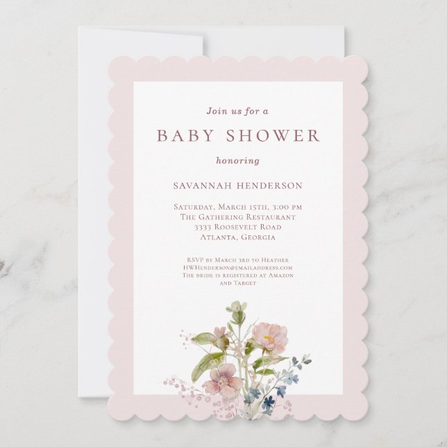 Invitación Baby Shower rosa de flores silvestres clásicas de  (Anverso)