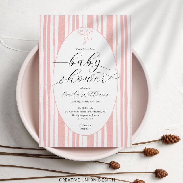 Invitación Baby Shower rosa de franjas eclécticas pintadas (Subido por el creador)