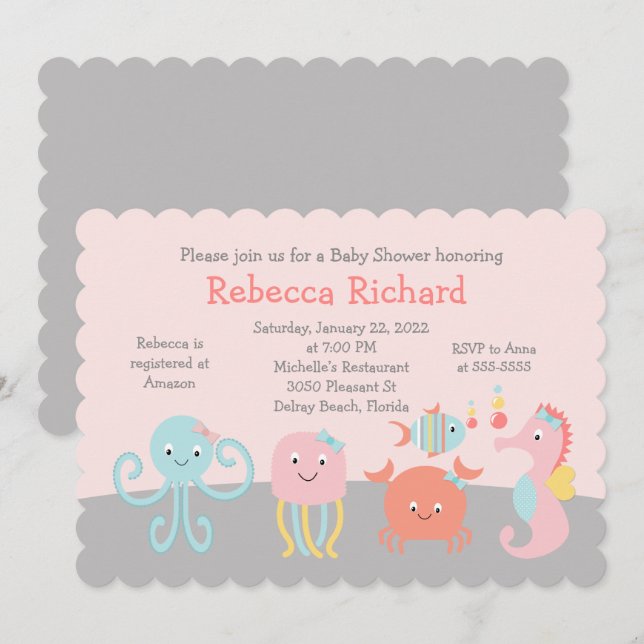 Invitación Baby Shower rosa de Girly Sea Ocean Lif (Anverso / Reverso)