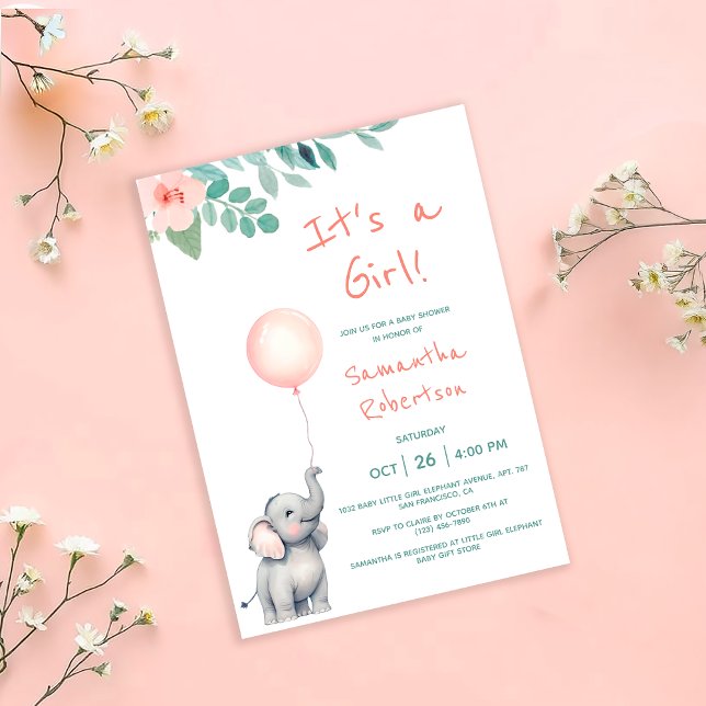 Invitación Baby Shower rosa de globo acuático de elefante lin (Subido por el creador)