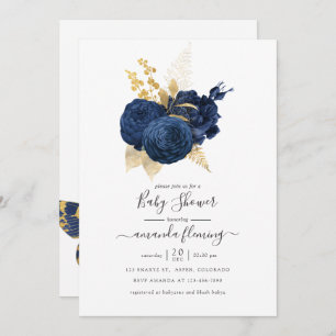 Invitación Baby Shower Rosa de la Marina Azul y Oro Vintage