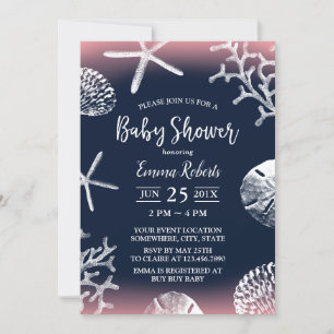 Invitación Baby Shower rosa de la marina de coral de Starfish