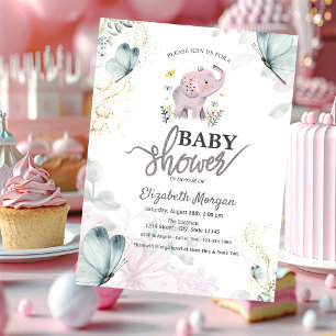 Invitación Baby Shower rosa de las mariposas azules del elefa