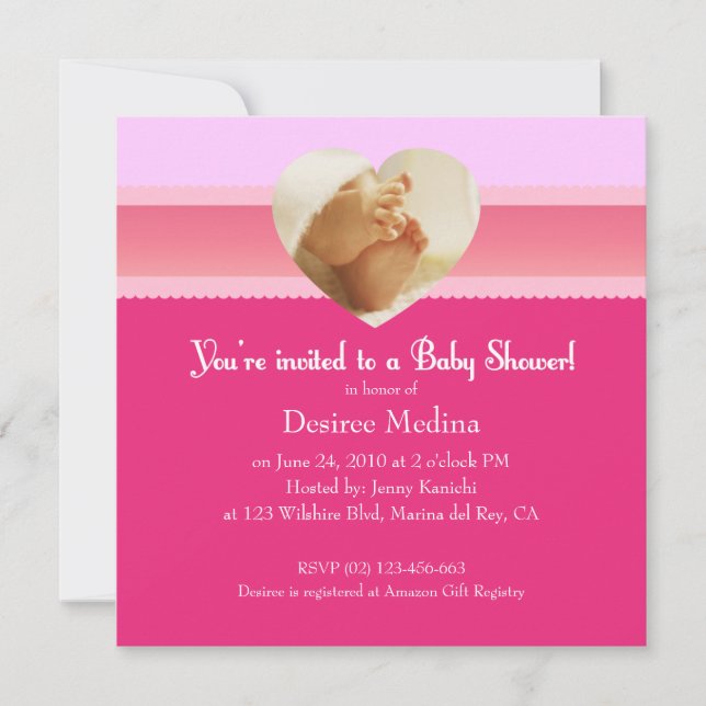 Invitación Baby Shower rosa de los pies pequeños para la niña (Anverso)