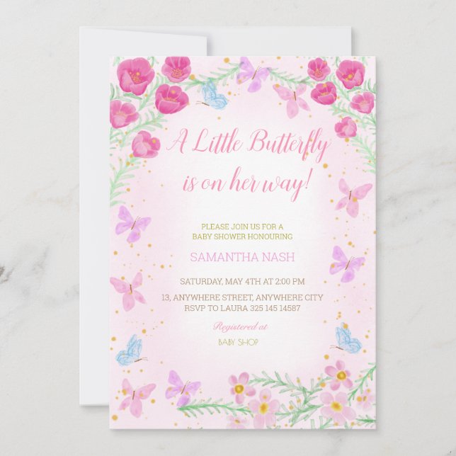 Invitación Baby Shower rosa de mariposa (Anverso)