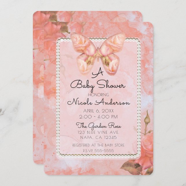 Invitación Baby Shower Rosa de mariposa rosa coral (Anverso / Reverso)