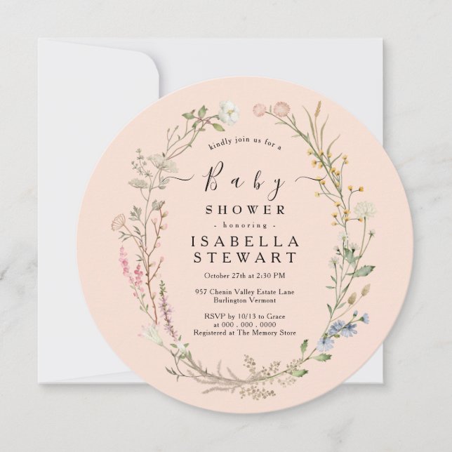 Invitación Baby Shower rosa de Rubor de Boho Wildflower ruso (Anverso)