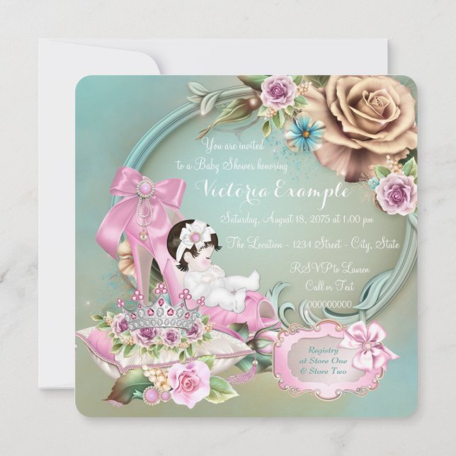 Invitación Baby Shower Rosa de zapatos verde azulados y rosad (Reverso)
