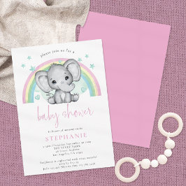 Invitación Baby Shower rosa del arco iris del elefante blanco