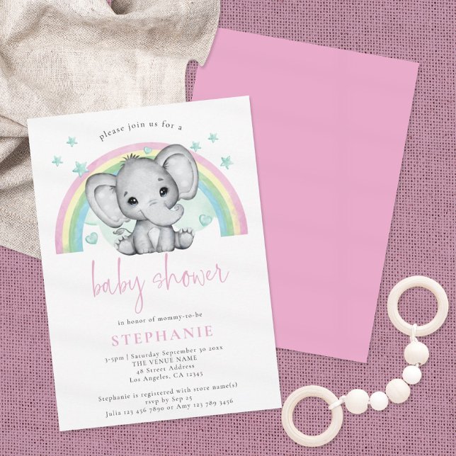 Invitación Baby Shower rosa del arco iris del elefante blanco (Subido por el creador)