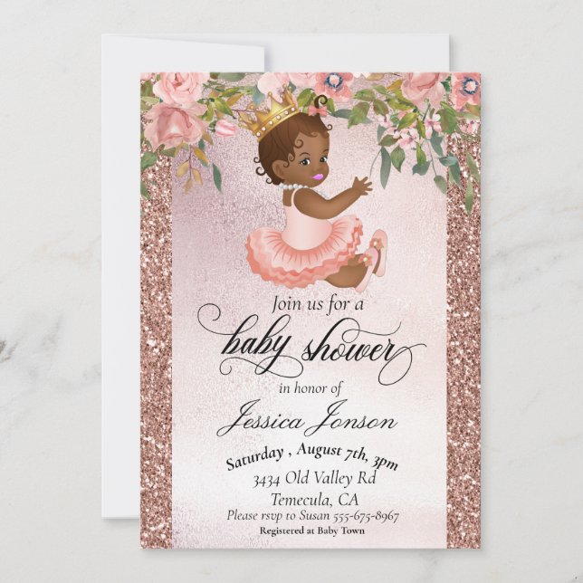 Invitación Baby Shower Rosa Dorado Afroamericana (Anverso)