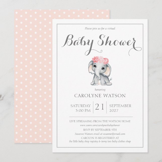 Invitación Baby Shower rosa elefante virtual (Anverso / Reverso)