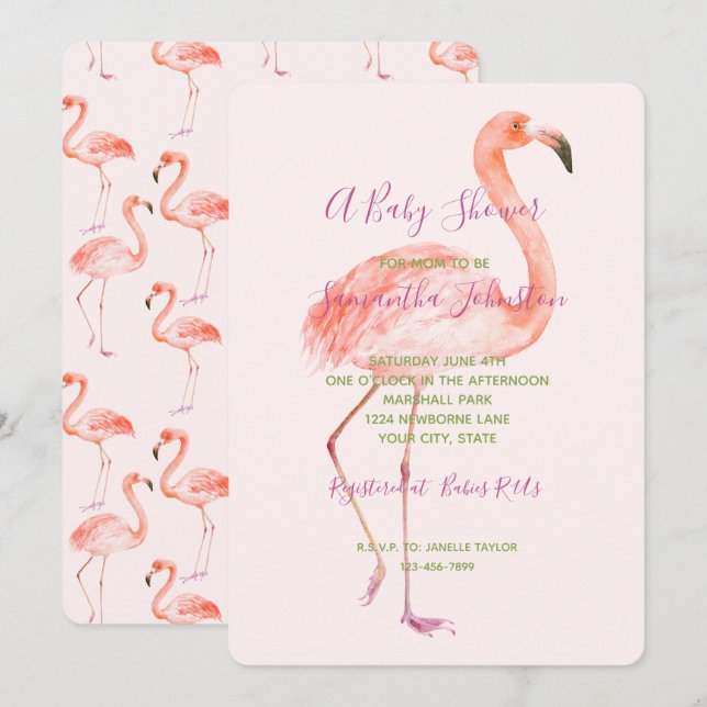 Invitación Baby Shower rosa Flamingo (Anverso / Reverso)