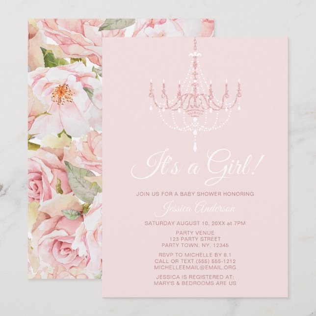Invitación Baby Shower Rosa floral de candelabro rosa y blanc (Anverso / Reverso)