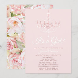 Invitación Baby Shower Rosa floral de candelabro rosa y blanc