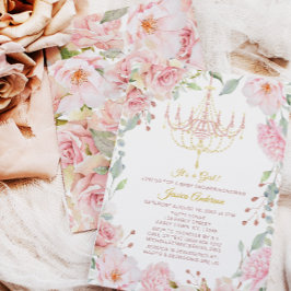 Invitación Baby Shower Rosa floral de candelabro rosa y dorad