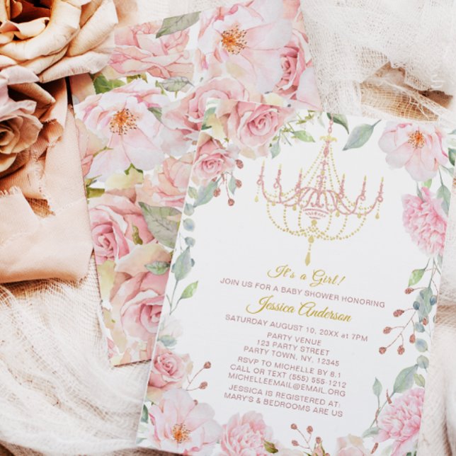 Invitación Baby Shower Rosa floral de candelabro rosa y dorad (Subido por el creador)