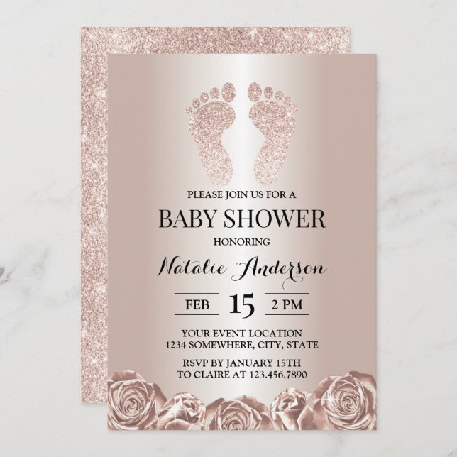 Invitación Baby Shower Rosa Gold Baby Feet Floral moderna (Anverso / Reverso)