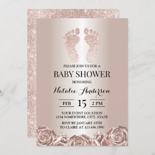 Invitación Baby Shower Rosa Gold Baby Feet Floral moderna
