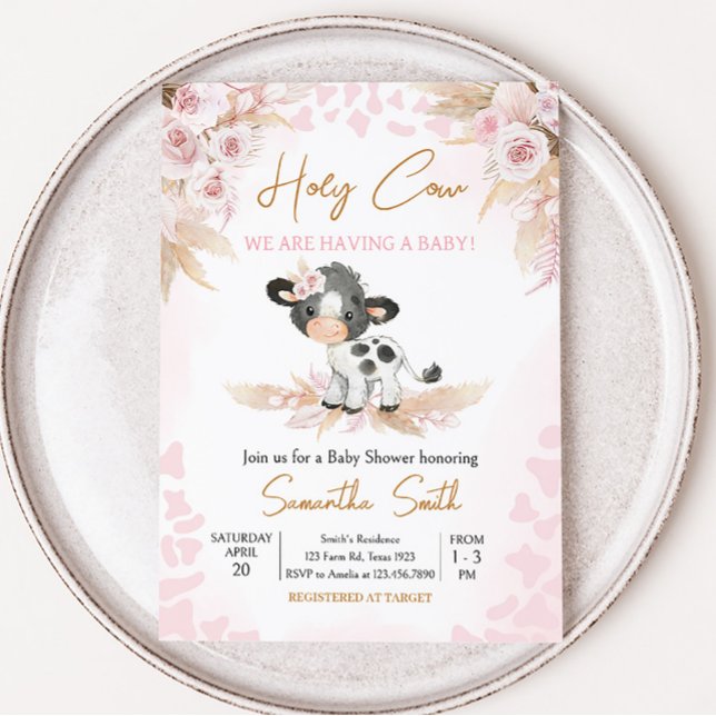 Invitación Baby Shower Rosa Holy Cow (Highland Cow Baby Shower Invitation)