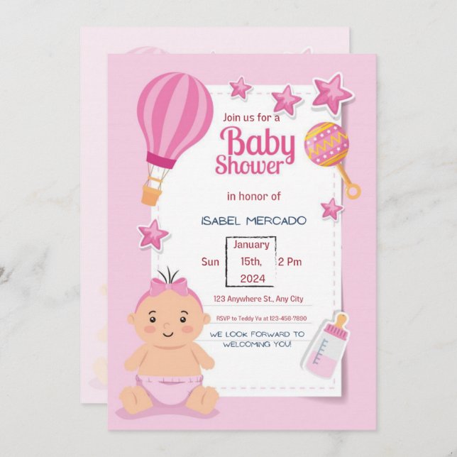 Invitación Baby Shower rosa moderno (Anverso / Reverso)