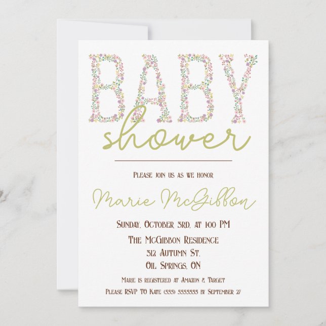 Invitación Baby Shower rosa, morado, azul, floral (Anverso)