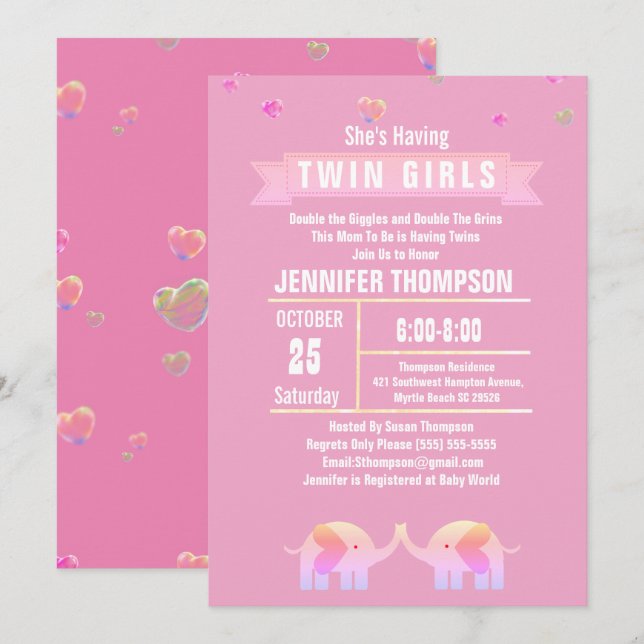 Invitación Baby Shower rosa/morado de chicas con elefante gem (Anverso / Reverso)