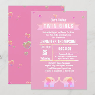 Invitación Baby Shower rosa/morado de chicas con elefante gem