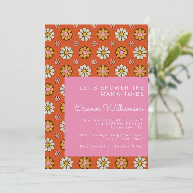 Invitación Baby Shower rosa Naranja de flores Groovy Retro 60 (Anverso de pie)