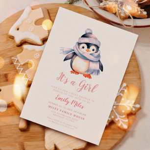 Invitación Baby Shower rosa pingüino de invierno