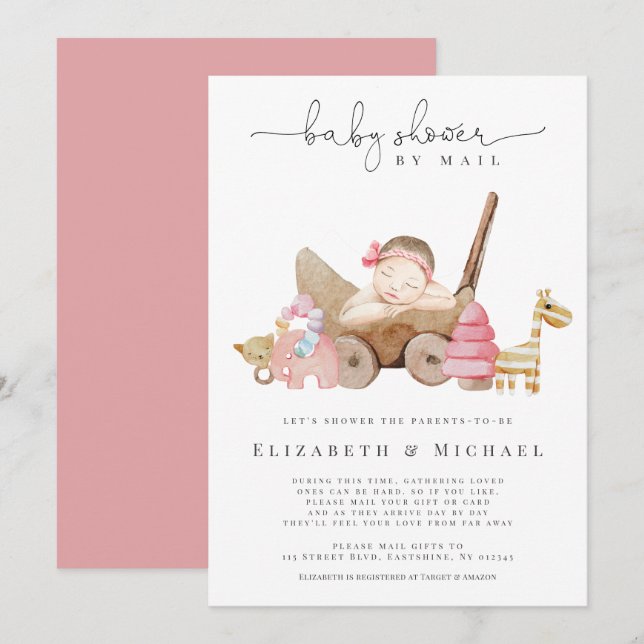 Invitación  Baby Shower Rosa Por Mail Chica Boho Larga Distan (Anverso / Reverso)