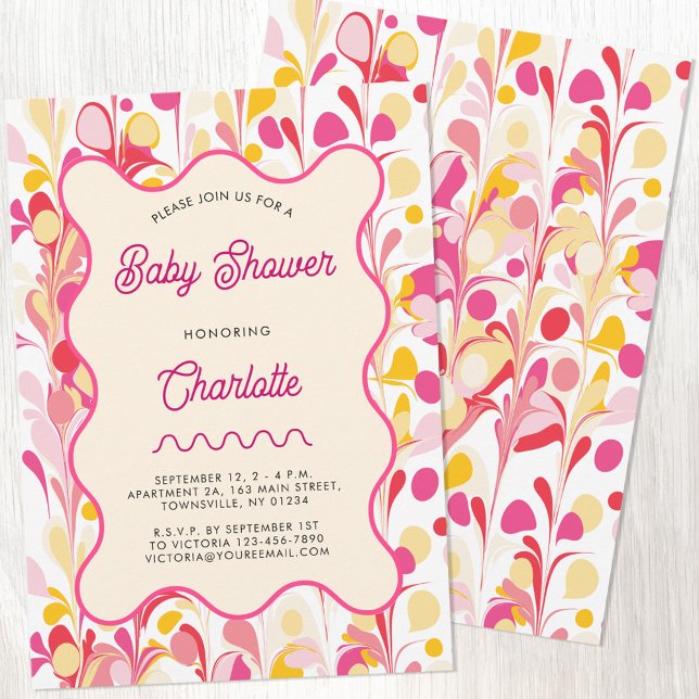 Invitación Baby Shower rosa retrospectivo moderno (Modern retro pink and yellow abstract wavy baby shower invitation with custom personalized text)