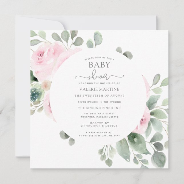 Invitación Baby Shower rosa rosa floral Eucalyptus (Anverso)