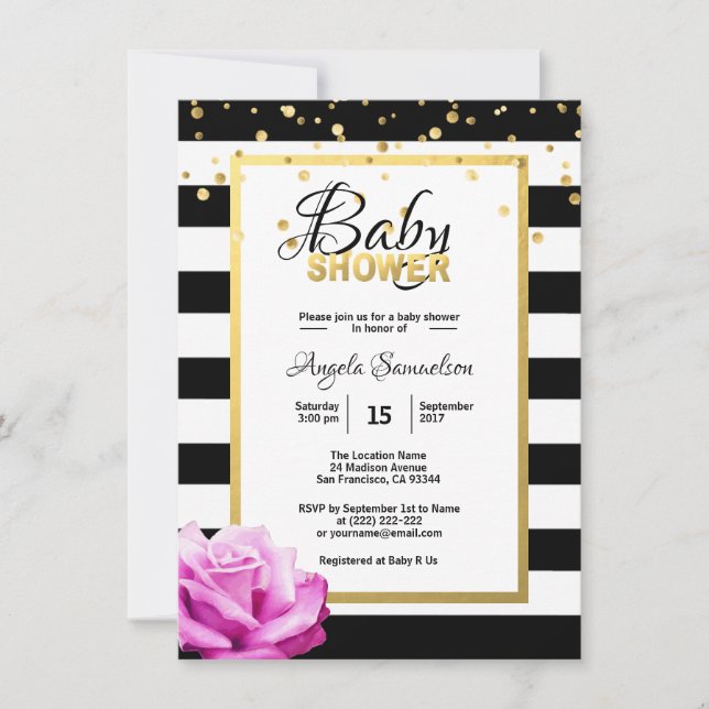Invitación Baby Shower rosa rosa rosa de flor blanco dorado (Anverso)