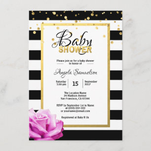 Invitación Baby Shower rosa rosa rosa de flor blanco dorado