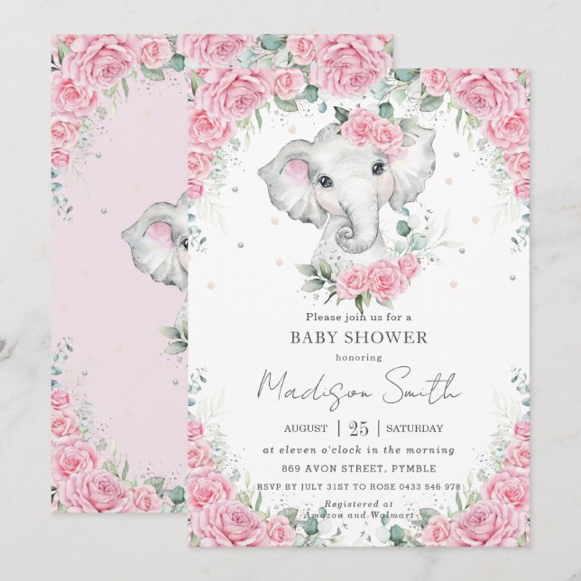 Invitación Baby Shower rosa Roses floral lindo elefante (Anverso / Reverso)