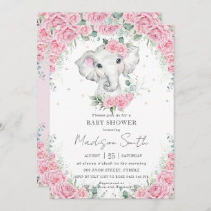 Invitación Baby Shower rosa Roses floral lindo elefante