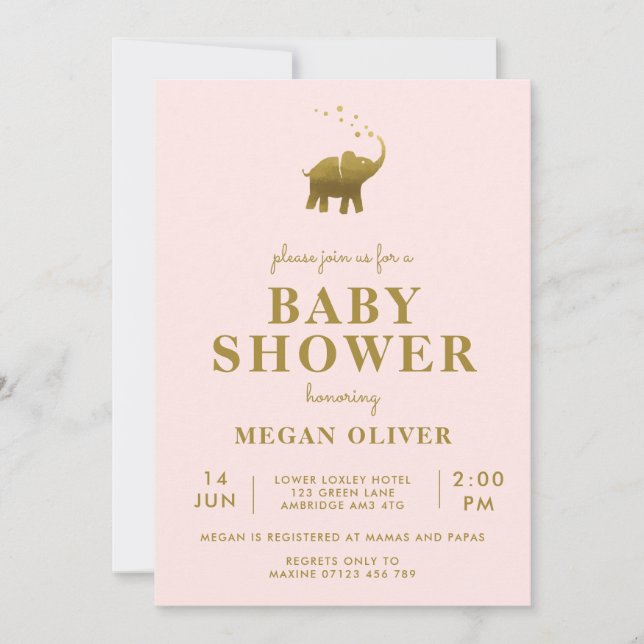 Invitación Baby Shower rosa Rubor Elephant Golden (Anverso)