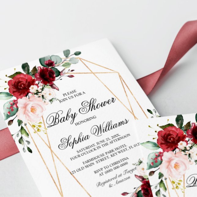 Invitación Baby Shower Rosa Rubor rosa y borgoña (Subido por el creador)