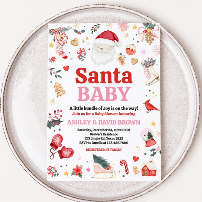 Invitación Baby Shower rosa Santa Baby (Girl Santa Baby Baby Shower Invitation)