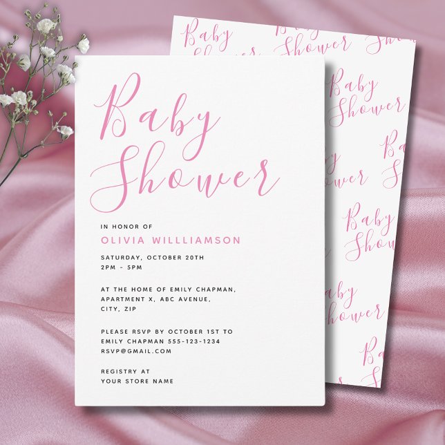 Invitación Baby Shower rosa simple y moderno (Simple and elegant, pink baby girl shower invitation with script text typography.)