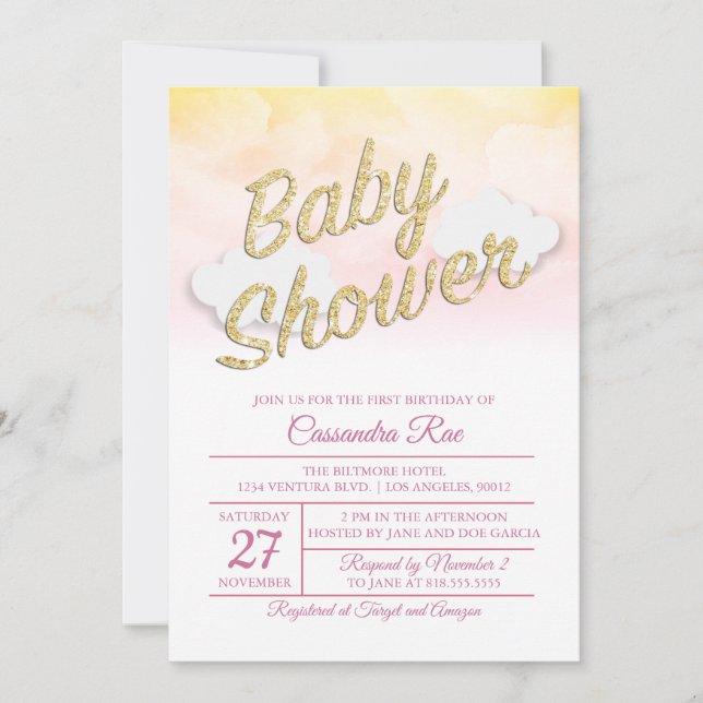Invitación Baby Shower rosa y amarillo al atardece (Anverso)