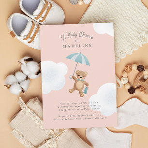 Invitación Baby Shower rosa y azul clásico del oso de peluche